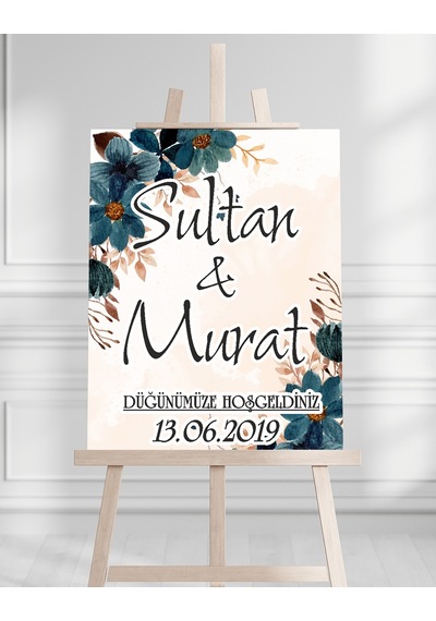 Söz Nişan Düğün İçin 50x70 Karşılama Panosu - Pastel Çiçek Tasarımlı Beyaz