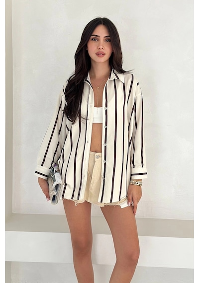 Asprin Fashion Pamuk Viscon Dijital Baskı Sonsuz Çizgi Gömlek Krem