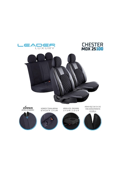 Renault Megane 2 Hatchback 2002-2006 Deri Detaylı Oto Koltuk Kılıfı Chester Serisi Siyah