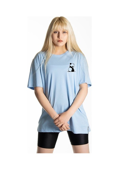 Panda T-shirt - Açık Mavi Baskılı Oversize Bisiklet Yaka Kısa Kol Tişört Açık Mavi