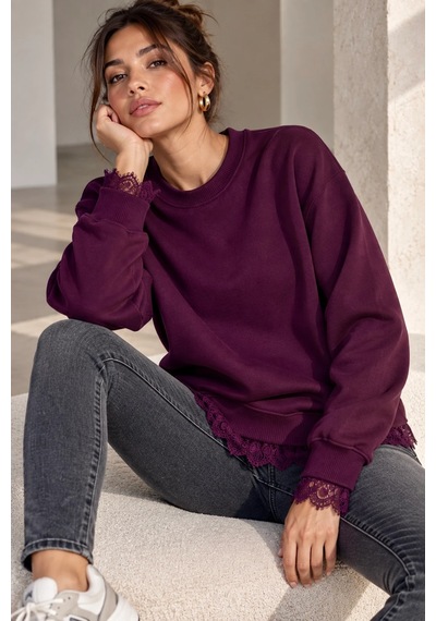 Bb Butik Basic Dantel Detaylı 3 İplik Şardonlu Kadın Sweatshirt My3535 Bordo