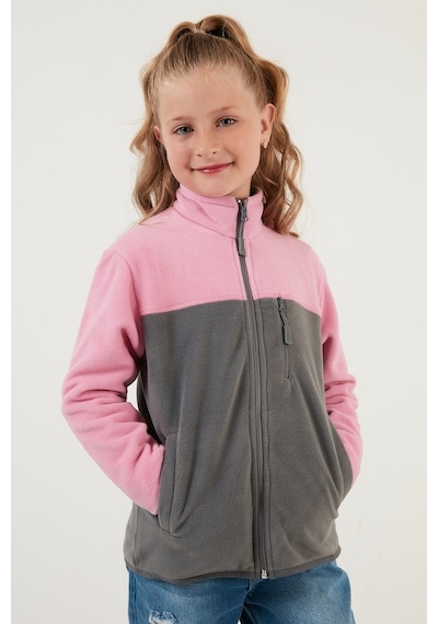Lela Yumuşak Dokulu Fermuarlı Renk Bloklu Dik Yaka Cepli Hırka Unisex Çocuk Polar 5905001 Şeker Pembe-Gri