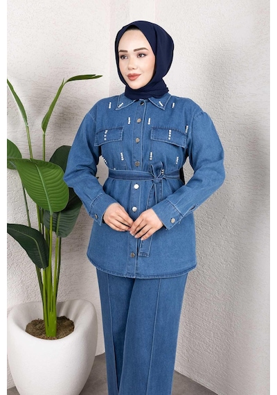 Misskayle Taş Detaylı Kuşaklı Denim Tesettür Takım Açık Mavi Açık