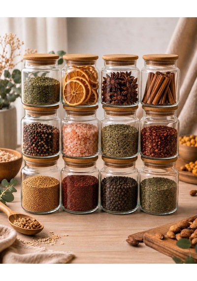 12 Adet Hava Geçirmez Doğal Bambu Kapaklı Cam Kavanoz Seti - 620 Ml Diğer