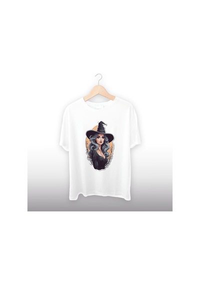Halloween Konseptli Cadı Unisex Tişört Beyaz
