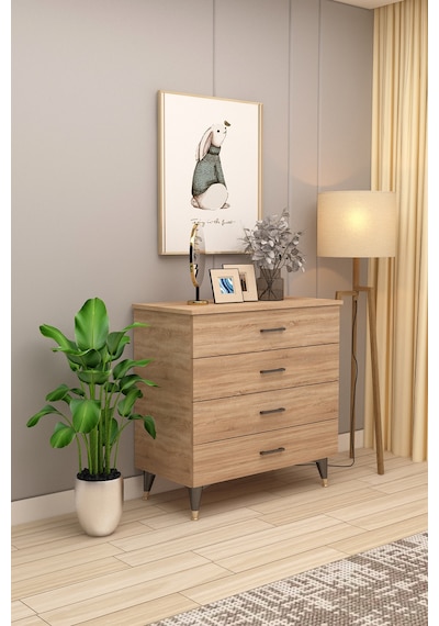 Asra Trend 4 Çekmeceli Şifonyer ŞF-02 %100 MDF Geniş Saklama Ünitesi Sonoma