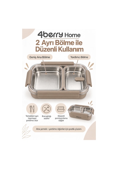 2 Bölmeli Termos Yemek Kabı 850 Ml, Paslanmaz Çelik, Sızdırmaz Kilitli, Şeffaf Kapaklı, Kahverengi