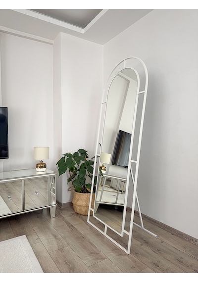 Effe Beyaz Metal Çerçeveli 180x70 Cm Pencere Model Oval Ayaklı Boy Aynası
