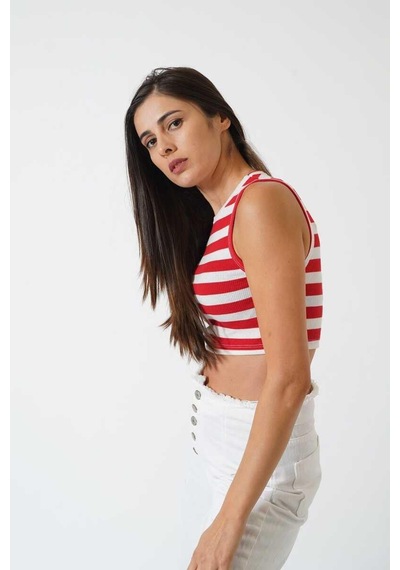 Ckm Moda Adrian Yüksek Kalite Kadın Yuvarlak Yaka Çizgili Crop Bluz Kırmızı