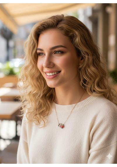 925 Ayar Papatya Silver Mix Taşlı Çift Kalp Uğur Böceği Kolye.rose.gold.rodaj Gümüş