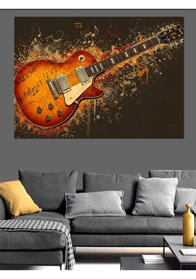 Elektro Gitar Ve Notalar Patlaması Dekoratif Kanvas - Mdf Ahşap Tablo