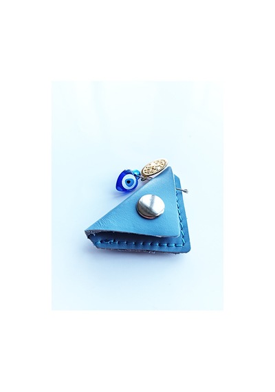 Mini Bebek Cevşen Dualı Kolye Muska Hakiki Deri El Yapımı Üçgen Mavi