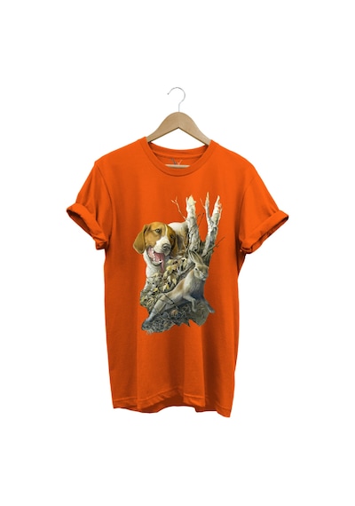 Avcılık Avcı Köpeği Ve Tavşan Baskılı Orman Temalı %100 Pamuk Regular Fit Turuncu T-shirt Turuncu