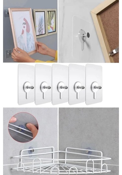 Else Mutfak 5 Adet Yapışkanlı Duvar Vida Kancaları Şeffaf Raf Duvar Tablo Askıları Banyo Organizer M Diğer