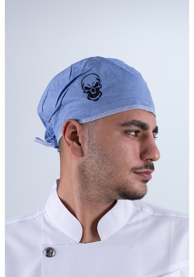 Chef Bone Kep Aşçı Şef Şapkası Kuru Kafa Desenli Mavi Çok Renkli