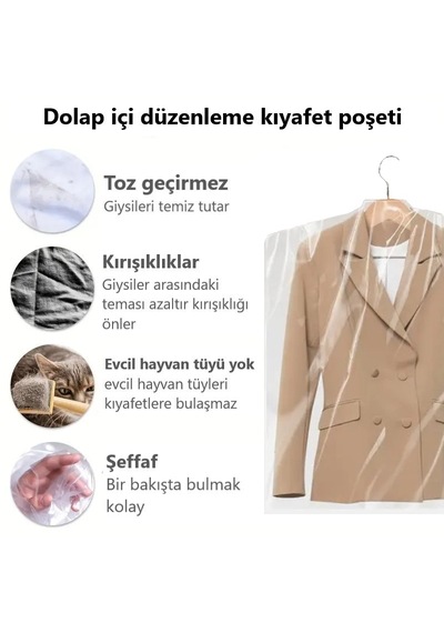 Gardırop İçi Askılık Yuvalı 50x70cm Kuru Temizleme - Dolap İçi Şeffaf Saklama Naylonu 10adet
