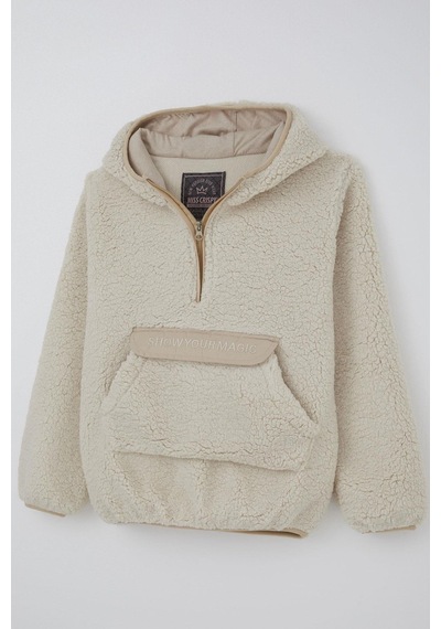 Reycan Kız Çocuk Peluş Sweatshirt Kapüşonlu Kanguru Cepli 5-8 Yaş, Taş Taş