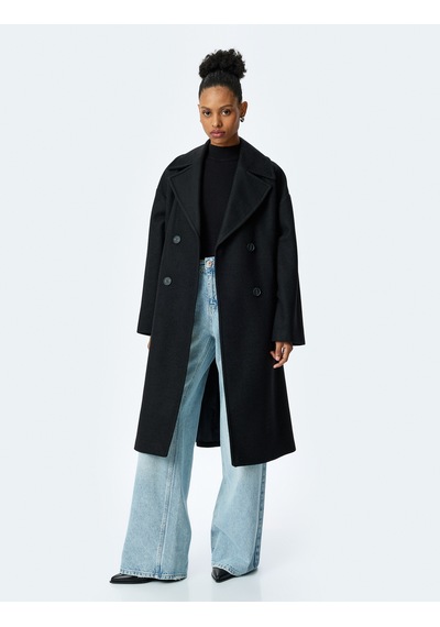 Koton Cepli Düğmeli Kruvaze Oversize Kaşe Kaban Siyah 5wak00429ew