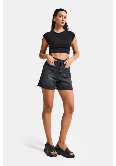 Itsbasic Kadın Koyu Füme 2s6-1 Mom Fit Önden Cepli Denim Şort