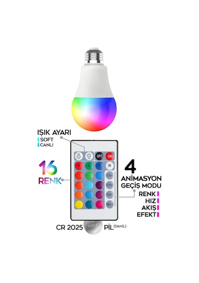 Rgb Led Lamba Kumandalı Ambiyans Aydınlatma 2000 Lümen Tasarruflu Renk Değiştiren Led Işık Diğer