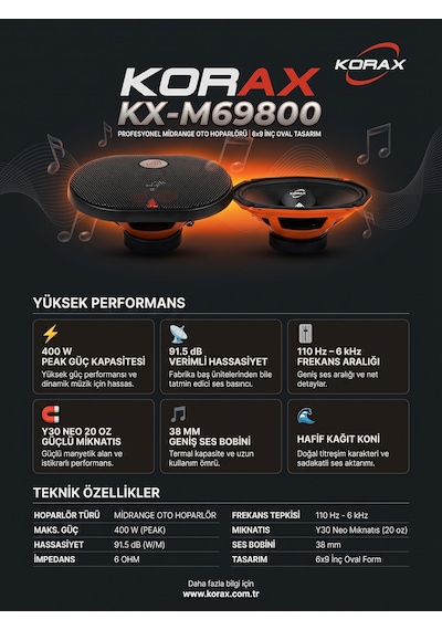 Korax Kx-m69800 400w Oval Oto Hoparlör Takım - 2 Adet
