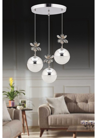 Kelebek 3'lü Krom Sarkıt 3 Renk Modu Ledli Kristal Taşlı Modern Led Avize Krom