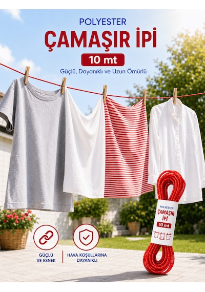 Beylini 2 Adet 10 Mt Polyester Çamaşır İpi Pvc Kaplama Sarkma Yapmaz Balkon Çamaşır Askılığı Çok Amaçlı Kurutma Kırmızı
