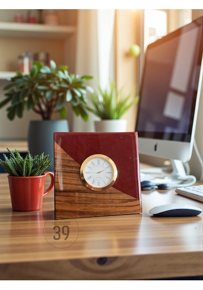 Classic Ceviz & Epoksi Masa Saati Altın Kaplama Quartz Mekanizma El Yapımı Tasarım 15x15 Cm / 20x20 Cm Kırmızı