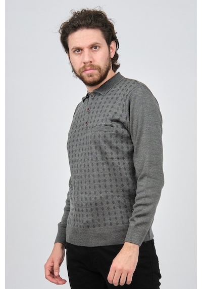 Çizgi Triko Erkek Cep Detaylı Polo Yaka Desenli Kazak 42544216 Gr Gri