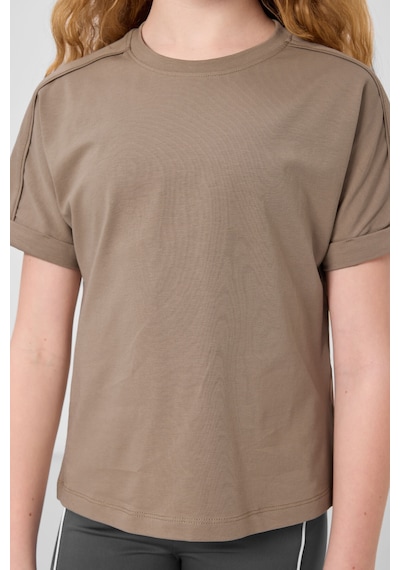 Koyu Bej Pamuklu O Yaka Oversize Fit Basic Kız Çocuk T-shirt - 75182 Koyu Bej
