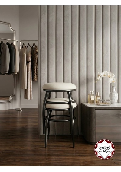 Evko Mobilya Tabure, Bar Taburesi, 2 Adet Tabure, Puf, Bench, Metal Ayaklı Tabure, İç Içe Geçebilen Tabure, Mutfak Balkon Bahçe Taburesi Siyah Krem