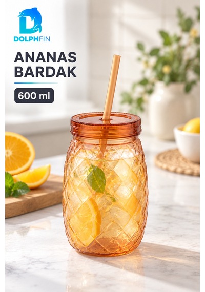 Ananas Pipetli Bardak 600 Ml Kapaklı Plastik İçecek Bardağı Çok Renkli