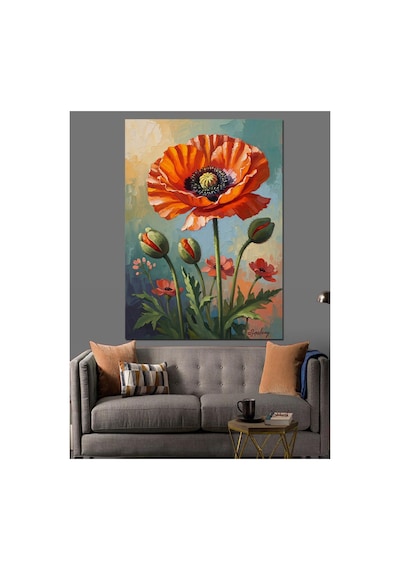 Kırmızı Gelincik Çiçeği Ve Buketi Yağlı Boya Dokulu Kanvas Tablo Canvas Tablosu