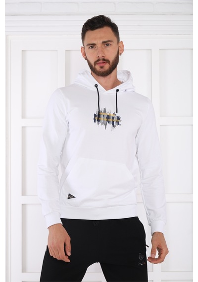 Escetic Spor Erkek Beyaz Cepli, Kapüşonlu Sweatshirt-4163