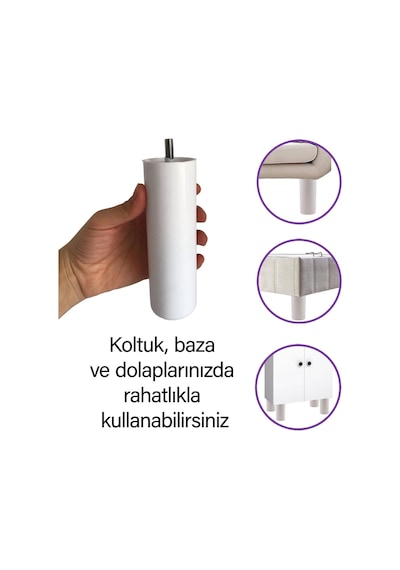 8 Adet Silindir Destek Ayağı 15 Cm Beyaz Gizli Ayak M8 Civatalı İncediş Mobilya Kanepe Baza Koltuk