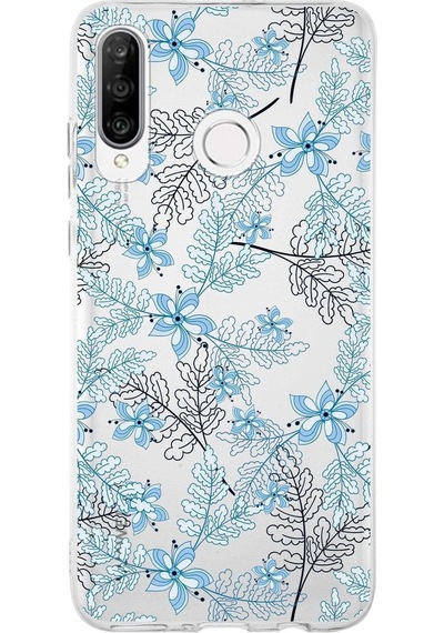 Huawei P30 Lite Uyumlu Kapak Floral Mavi Tasarımlı Şeffaf Silikon Kılıf