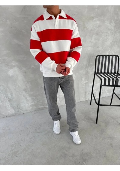 Luz&pos Erkek Üç İplik Parçalı Yakalı Sweatshirt - Kırmızı Kırmızı