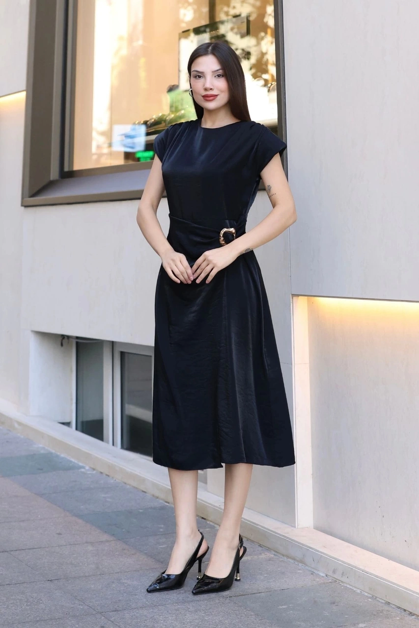Lodmela Toka Ve Drape Detaylı Soft Saten Midi Elbise 6042-siyah Siyah
