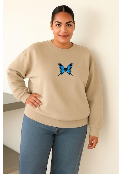 Benroma 3 İplik Penye Kelebek Baskılı Büyük Beden Unisex Sweatshırt Bej