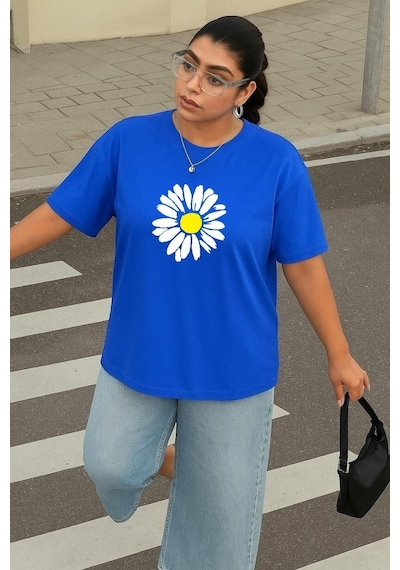 Büyük Beden Papatya Baskılı Unisex Tişört Saks Mavisi