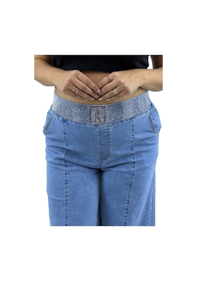 Büyük Beden Denim Taşlı Bol Paça Detaylı Kadın Pantolon Mavi