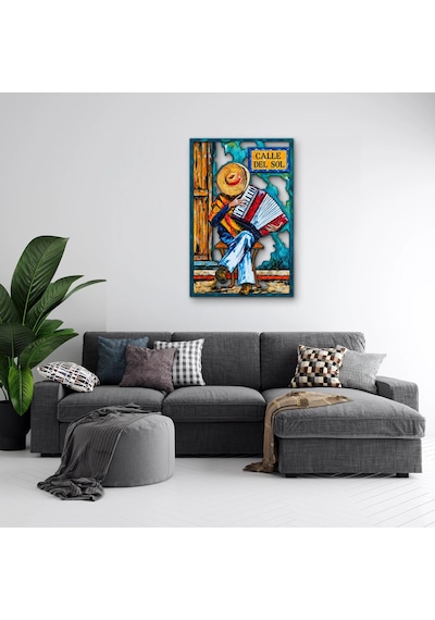 Güneş Sokağında Akordeoncu Metal Tablo 52x80 Cm Çok Renkli