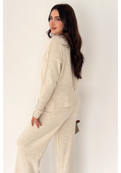 Kadın Bol Paça Triko Takım Knit Flow Bej