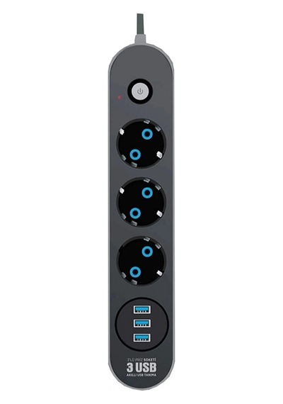 Akım Korumalı Isıya Dayanaklı 3x Grup Priz Ve 3x Usb Şarj Çıkışı 2 M