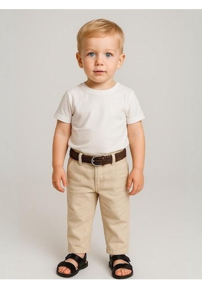 Nanica Kids Erkek Bebek Kemerli Cepli Keten Pantolon-16009 Krem