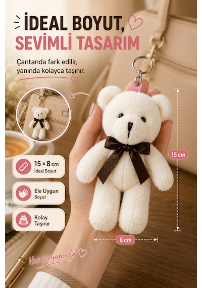 1 Adet Beyaz Peluş Ayıcık Anahtarlık 15x8 Cm Çanta Sırt Çantası Anahtar Aksesuar Sevimli Fiyonk