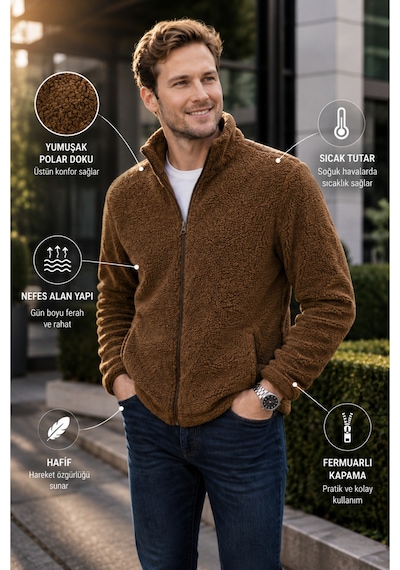Luxıc Core Erkek Peluş Mont Slim Fit Dik Yaka Fermuarlı Cepli Günlük Spor Ceket Kahverengi