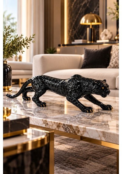 Siyah Gold Detaylı Panter Biblo 77 Cm Dekoratif Heykel