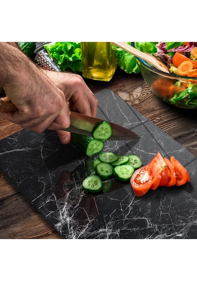 Decovetro Cam Kesme Tahtası Ve Sunumluk Siyah Beyaz Mermer Desenli 25 X 35 Cm Çok Renkli