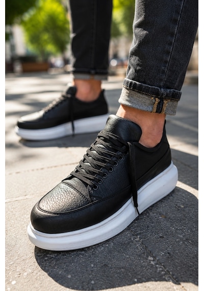 Mevese Meverk Cilt Erkek Sneaker Ayakkabı Kalın Taban Günlük Siyah